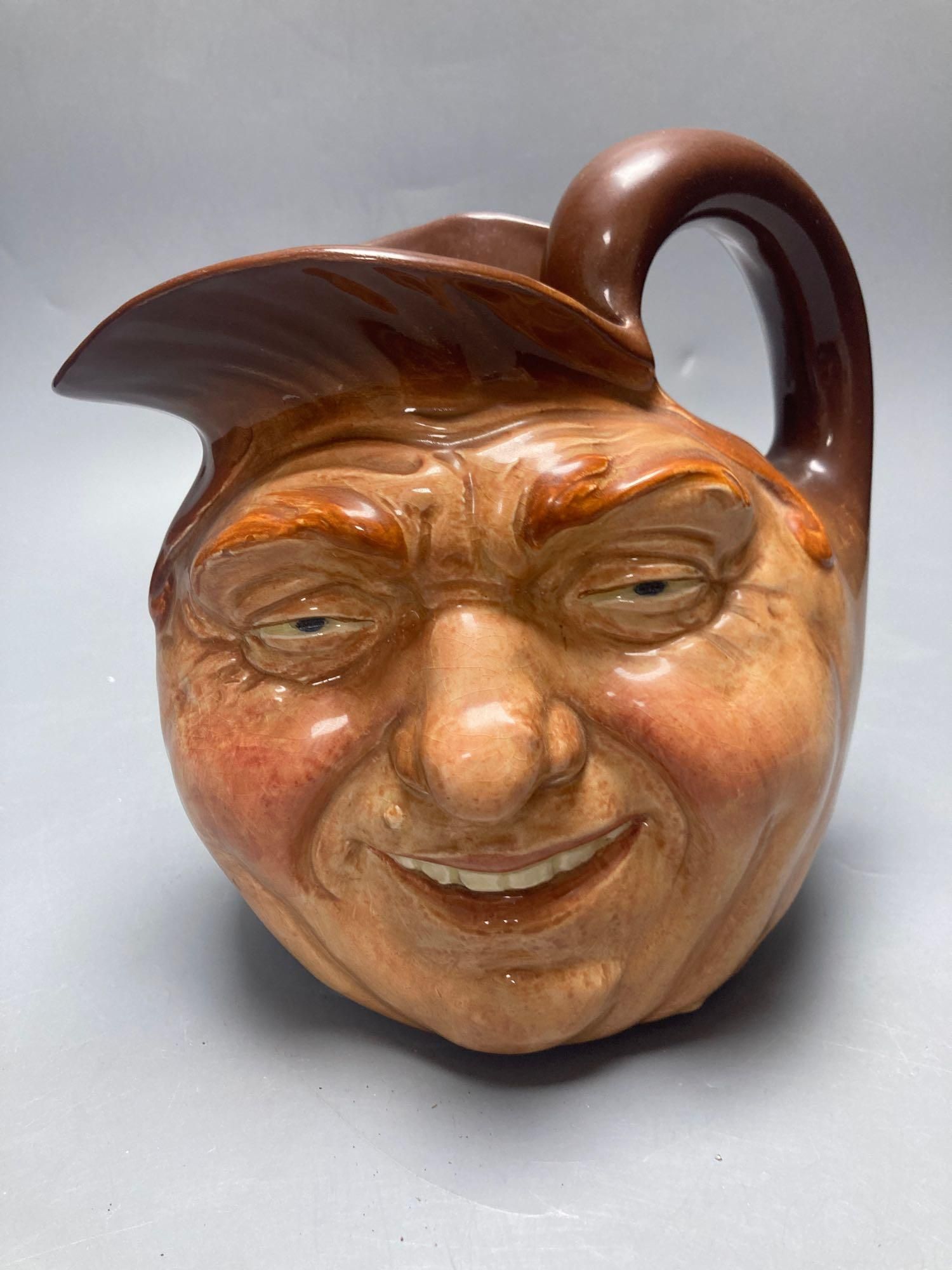 Royal Doulton John Barleycorn large and small character jugs, two Royal Doulton Pickwick and Old Mac tiny character jugs, Royal Doulton